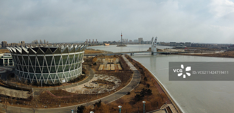 营口市 西市区 地标  航拍 明湖广场 文化艺术中心图片素材