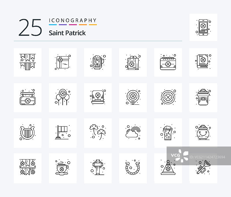 圣帕特里克节25个线性图标包，包含日期图片素材