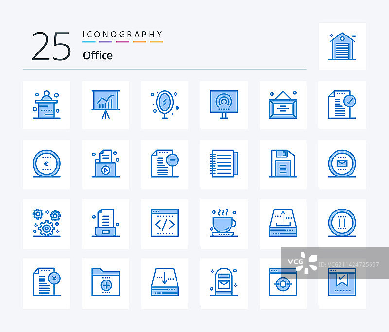 包含流媒体的25个蓝色办公室图标包图片素材