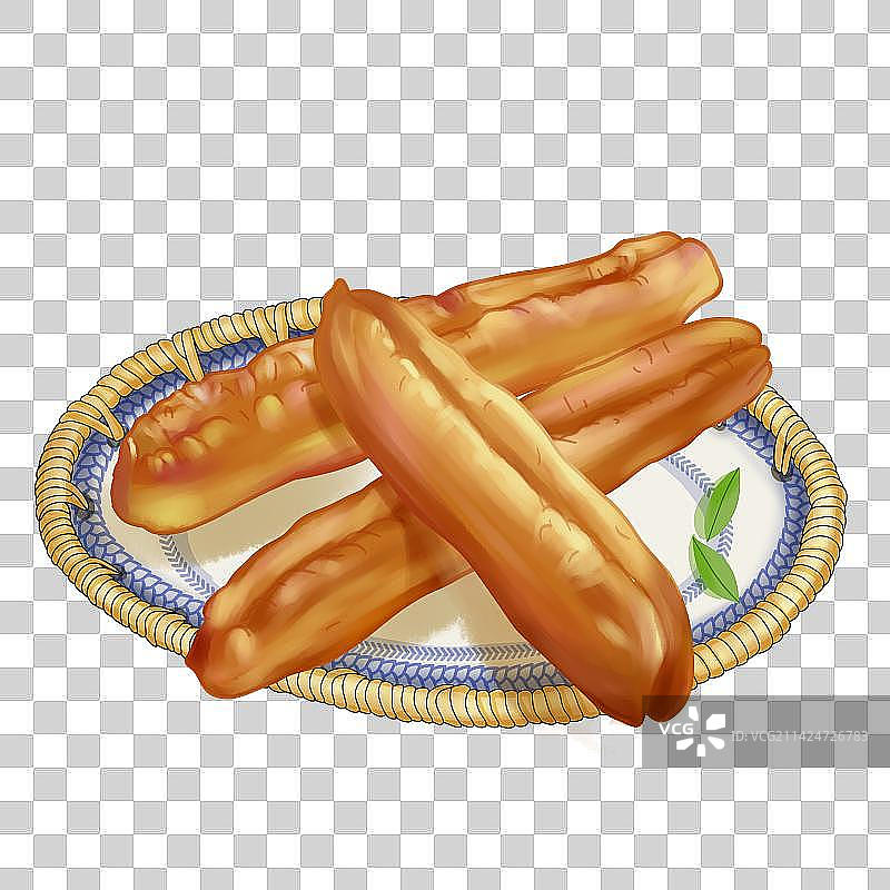 木质盘上放着三根油条 写实油条静物图片素材