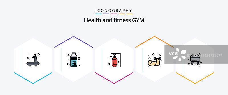 包含滑板运动的健身房25个填充线条图标包图片素材