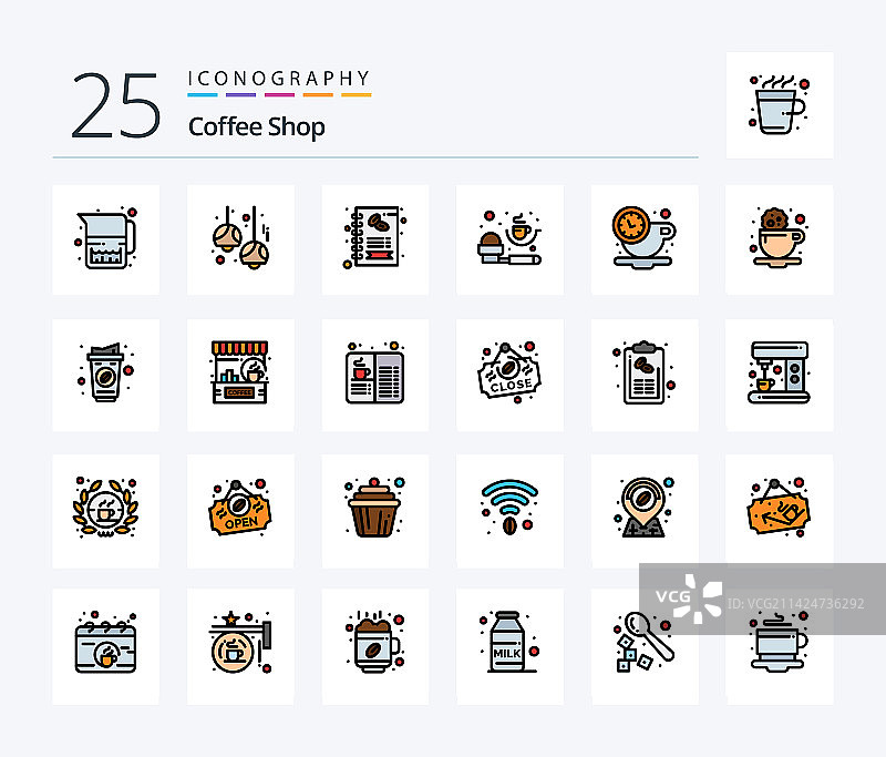 咖啡店25个线条填充图标图片素材
