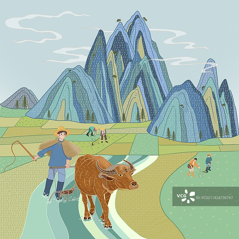 国风线性插画之春耕图图片素材