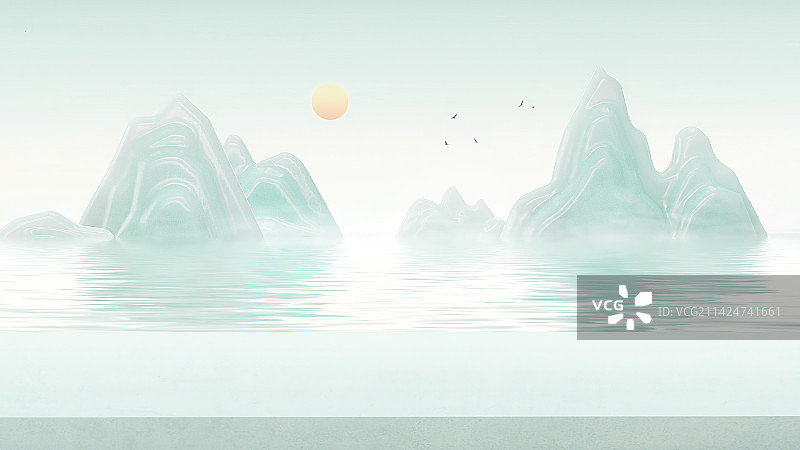 3D渲染现代中国风山水电商展台图片素材