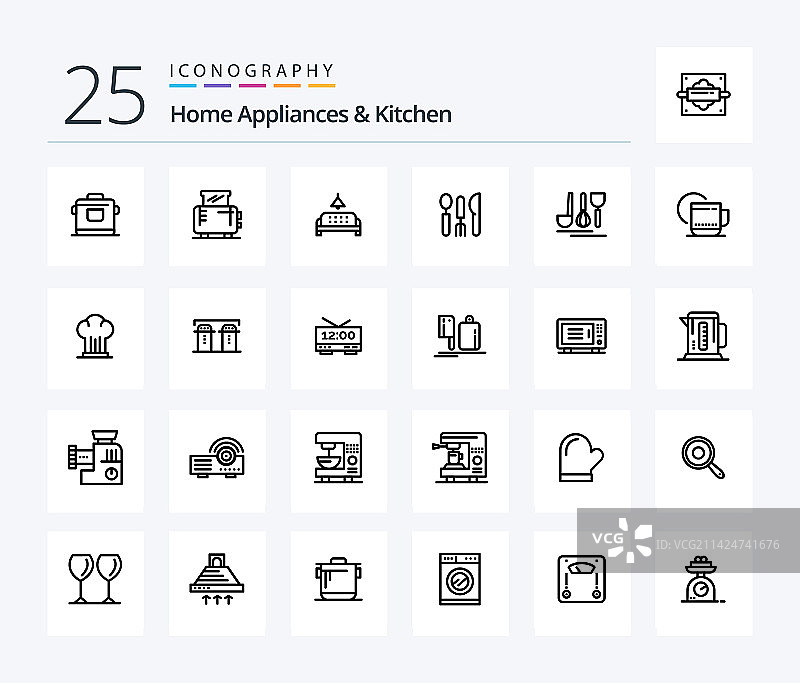 家用电器和厨房用品25个线性图标包图片素材