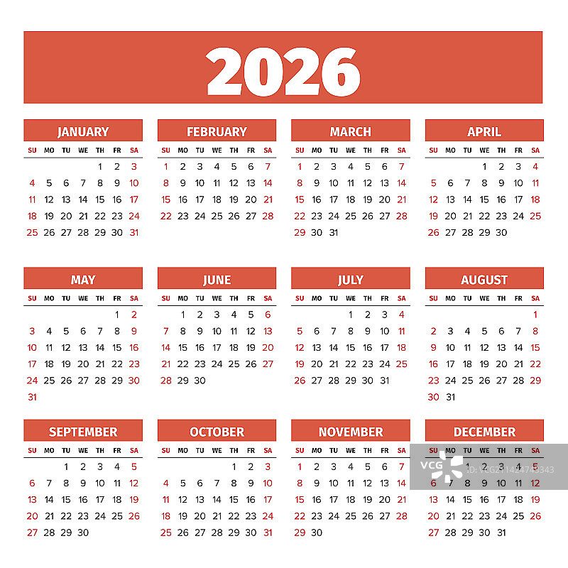 2026年简约日历（每周从周日开始）图片素材