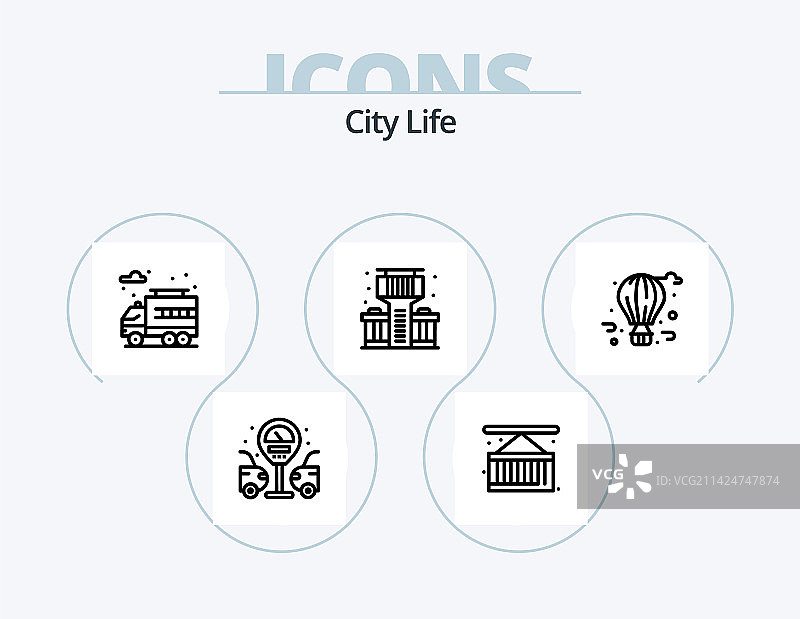 城市生活线性图标包，含5个家居城市设计图标图片素材
