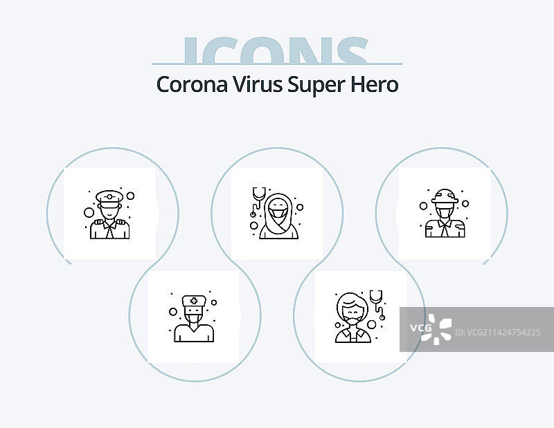 5个新冠病毒超级英雄线性图标包图片素材