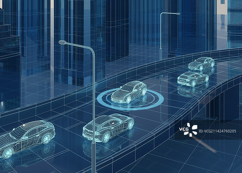 虚拟汽车行驶在三维城市高架上图片素材