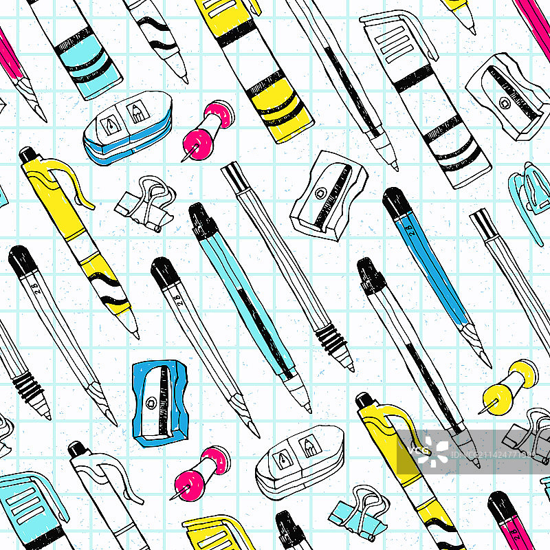 带钢笔铅笔的文具无缝图案图片素材