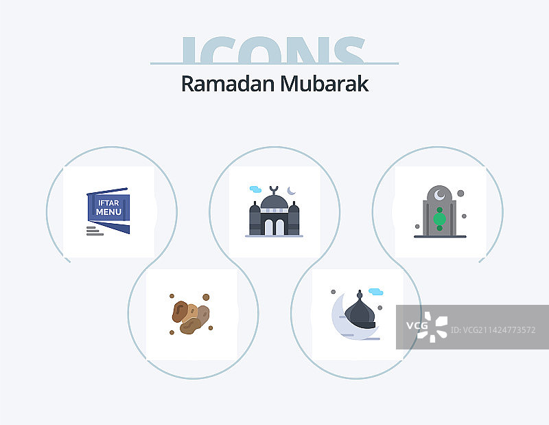 斋月扁平图标包：5个伊斯兰清真寺图标设计图片素材