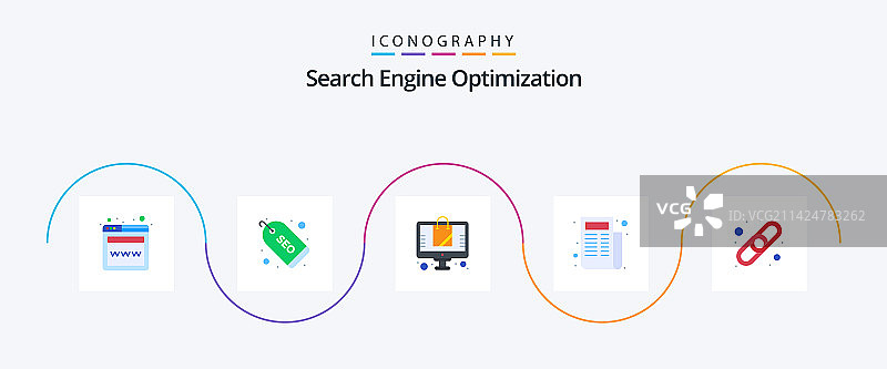 SEO扁平风格5图标包，包含链接在线元素图片素材