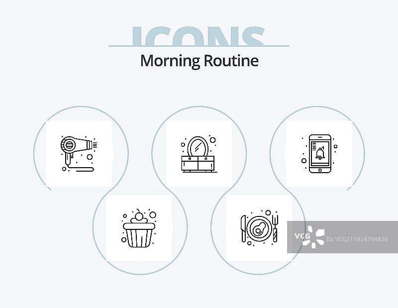 早晨习惯线性图标套装，含5个水槽设计图标图片素材