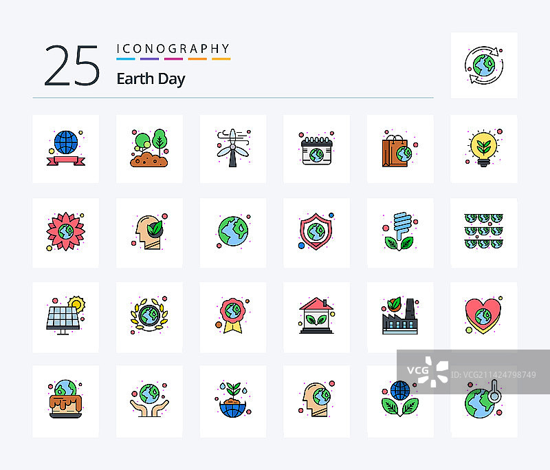 地球日25个线性填充图标包，包含包袋图片素材