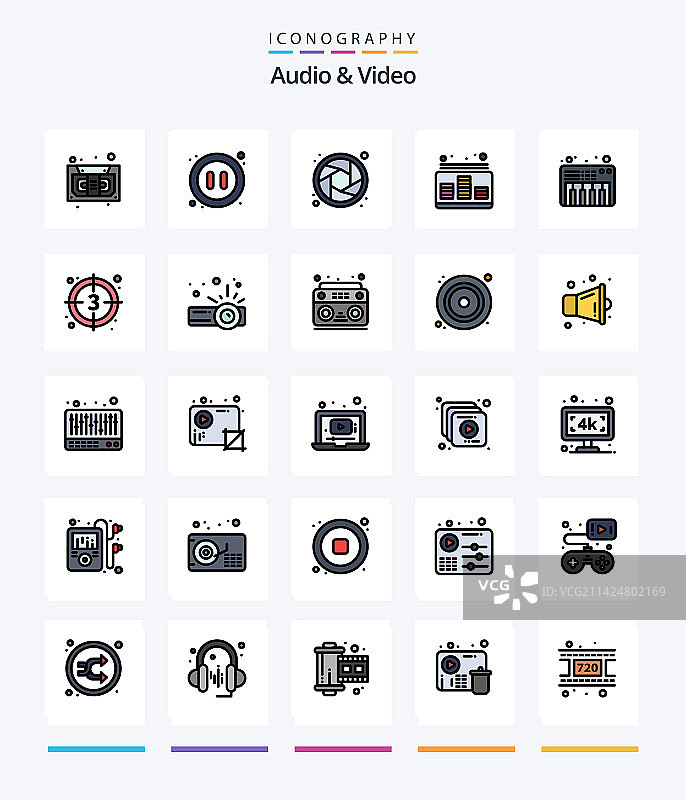 创意音频和视频25个线性填充图标包图片素材