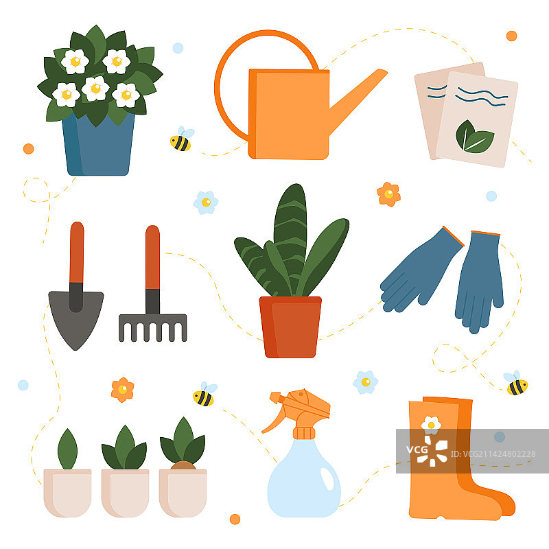 园艺工具和植物套装图片素材