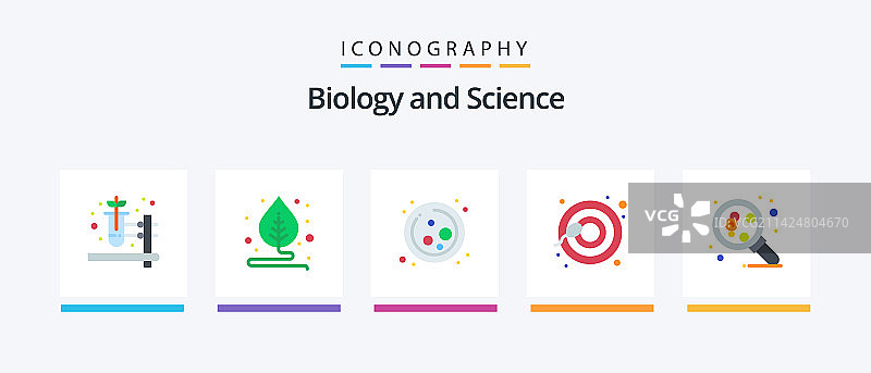 生物学扁平风格5个图标合集，包含研究图片素材