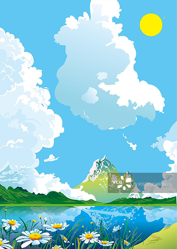 户外春游白云湖泊雪山插画图片素材