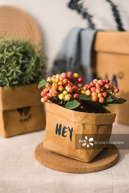 桌子上装着面包水果的牛皮纸袋子收纳袋图片素材