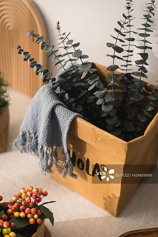 桌子上装着面包水果的牛皮纸袋子收纳袋图片素材