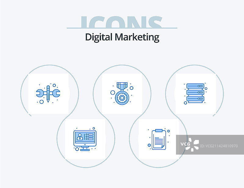 蓝色数字营销图标包，包含5个图标设计图片素材