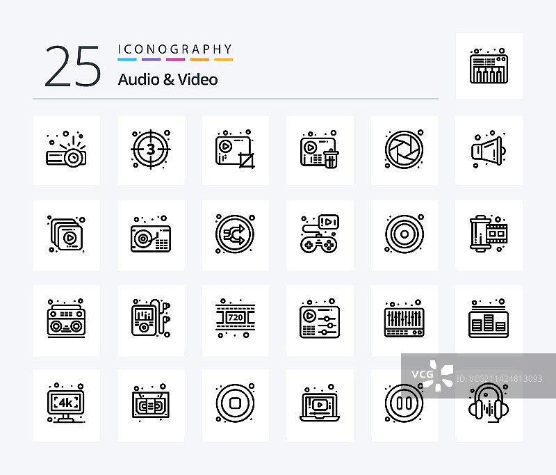 音频和视频25线性图标包图片素材