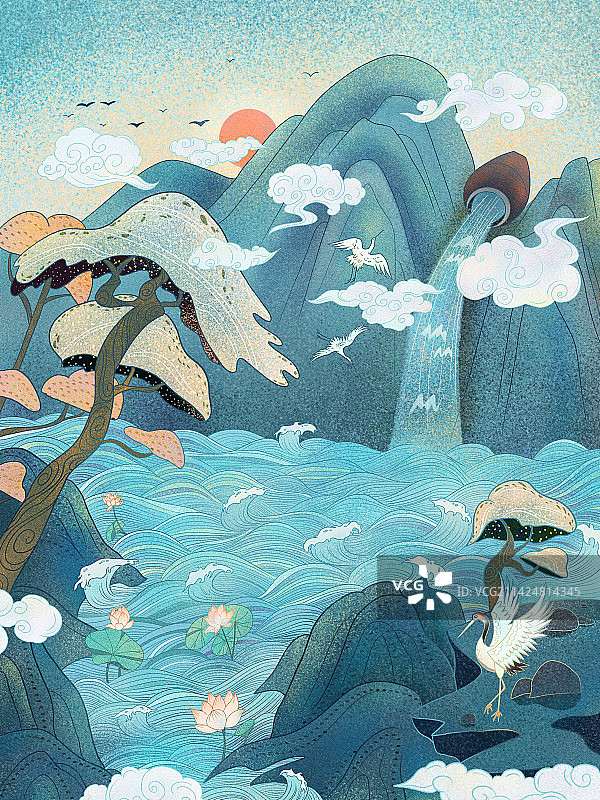 国风青色山水节日海报自然场景背景插画图片素材