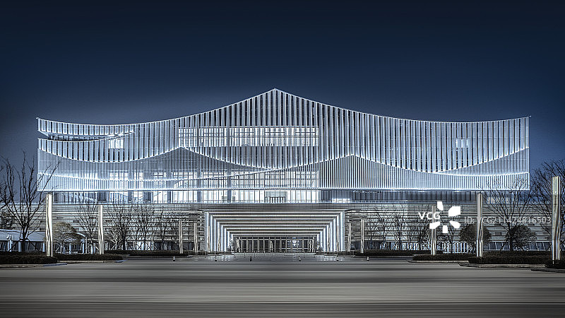 长沙国际会议中心外立面建筑创意摄影科技广角实拍国会中心蓝调内透现代城市规模信息化时代公共建筑图片素材