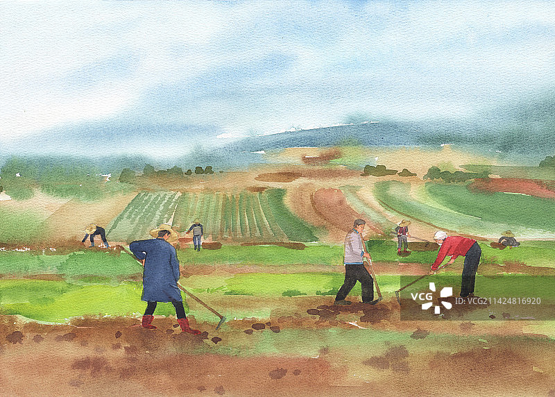 水彩农田插画手绘春天耕种播种农民插画风景画图片素材