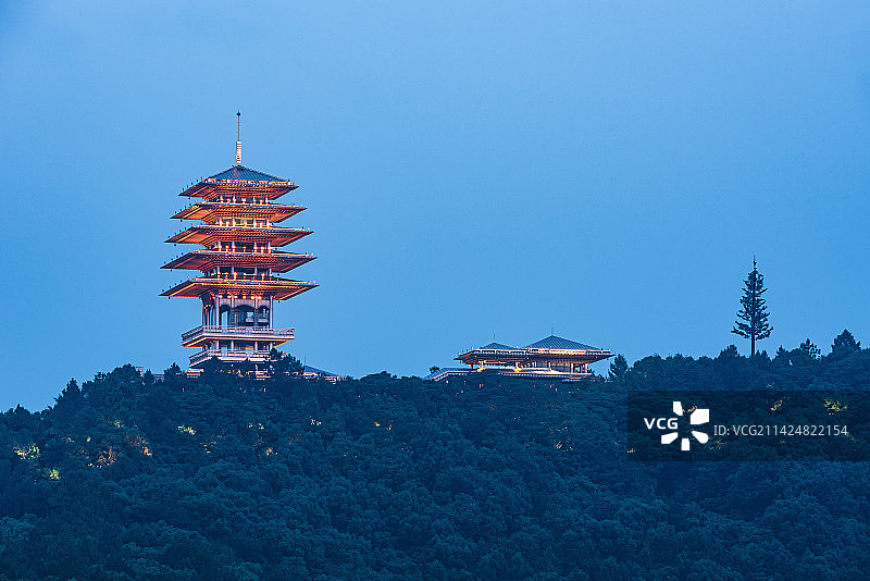中国浙江杭州临平山东来阁夜景风光图片素材