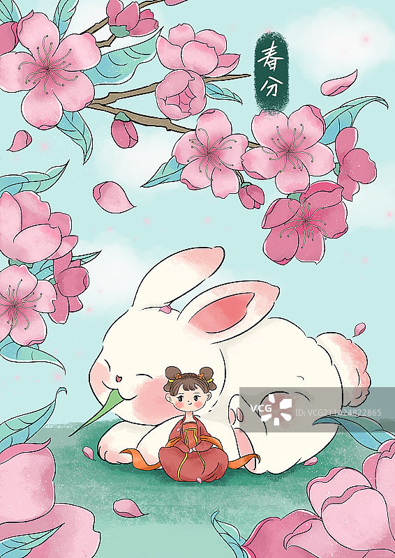 古风节气春分肌理桃花兔子插画图片素材