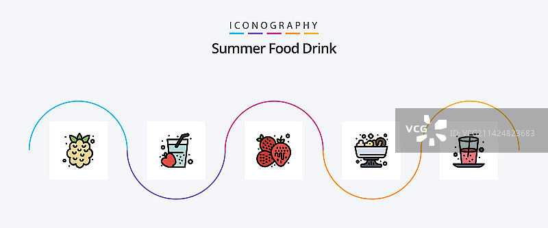 夏季食物饮品线性填充扁平风格图标套装图片素材