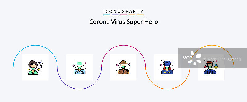 冠状病毒超级英雄线性填充扁平图标图片素材