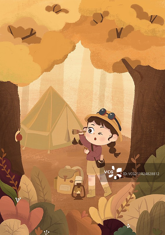 秋天女孩森林探险可爱插画图片素材