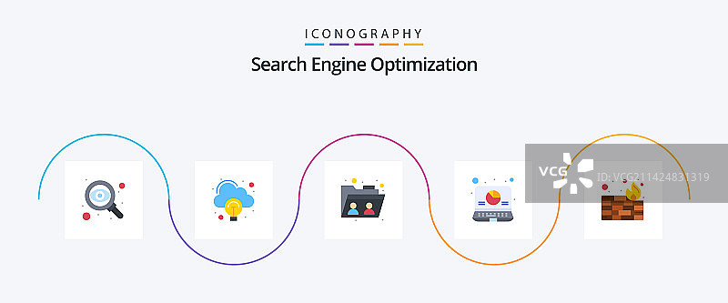 SEO扁平风格5图标包，包含安全防火墙图片素材