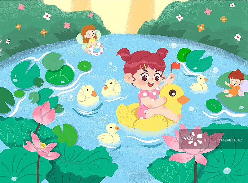 夏日女孩池塘玩耍可爱插画图片素材