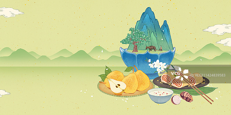 二十四节气惊蛰美食插画山水报模板图片素材
