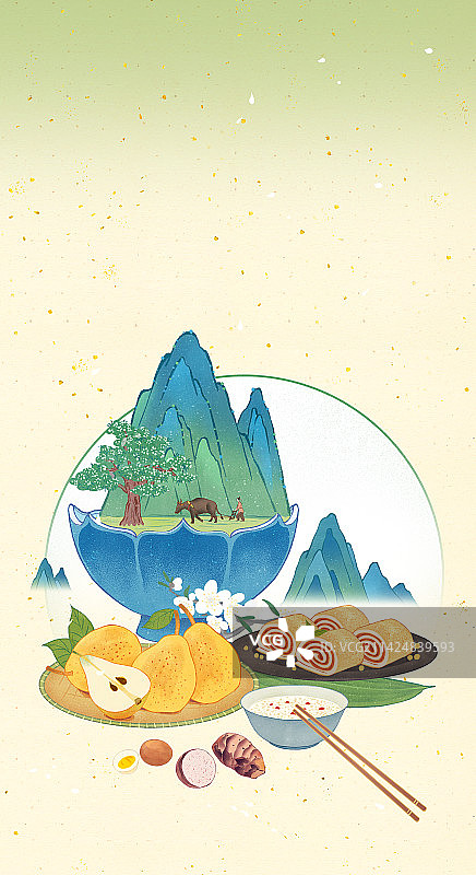 二十四节气惊蛰美食插画山水报模板图片素材