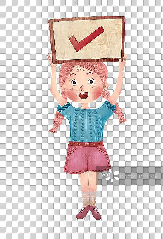 快乐小女孩举着对号的牌子插画图片素材