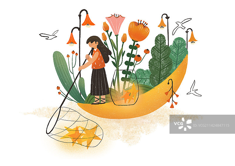 扁平植物女孩的愿望星星创意插画图片素材