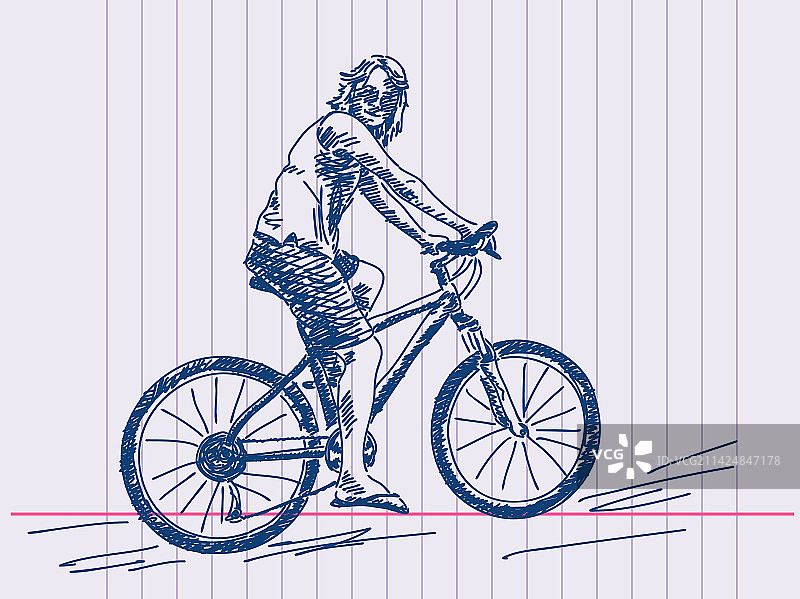 手绘骑自行车女孩图片素材