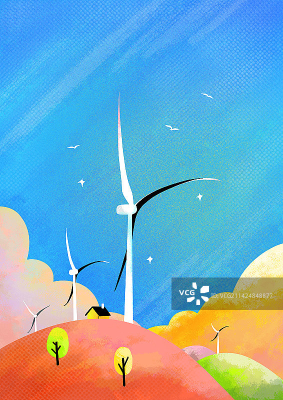 扁平风白色风车肌理自然风景插画图片素材