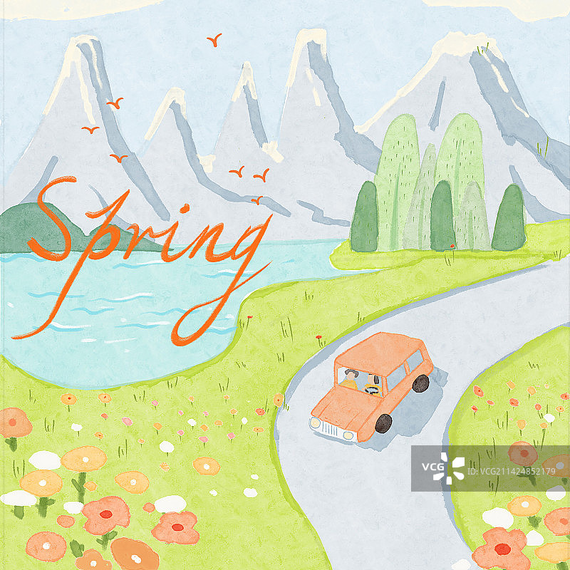治愈系春天风景插画图片素材