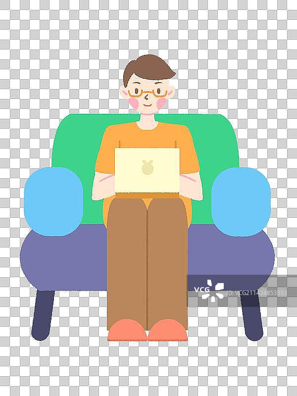 在沙发上用电脑居家工作的年轻男生扁平插画图片素材