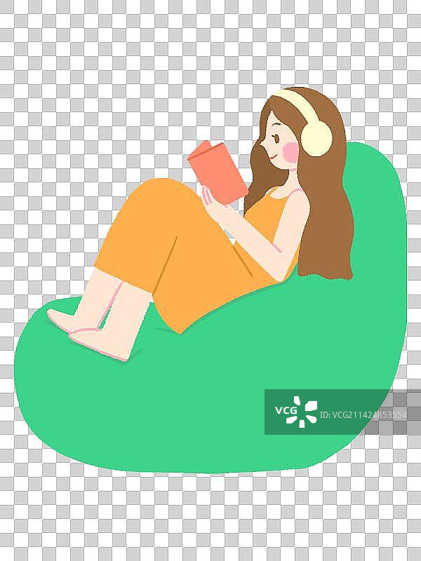 居家在沙发上听音乐看书年轻女生扁平插画图片素材