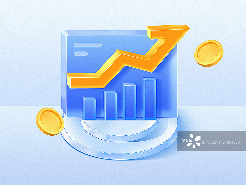 互联网金融增长折线条状图金币蓝色磨砂质感插画海报金色财富图片素材