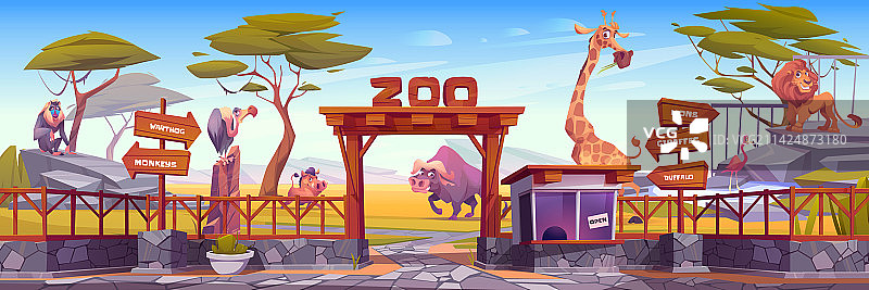 有非洲动物和树木围栏的动物园图片素材