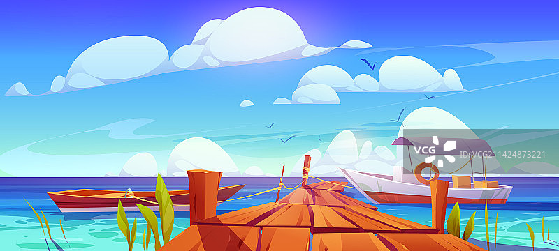 带有木桥和船只的美丽海景图片素材