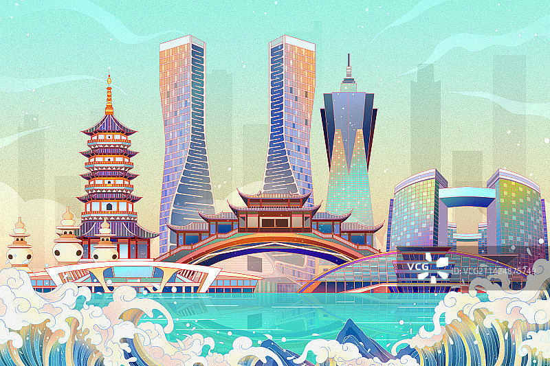 国潮风浙江杭州地标建筑插画图片素材