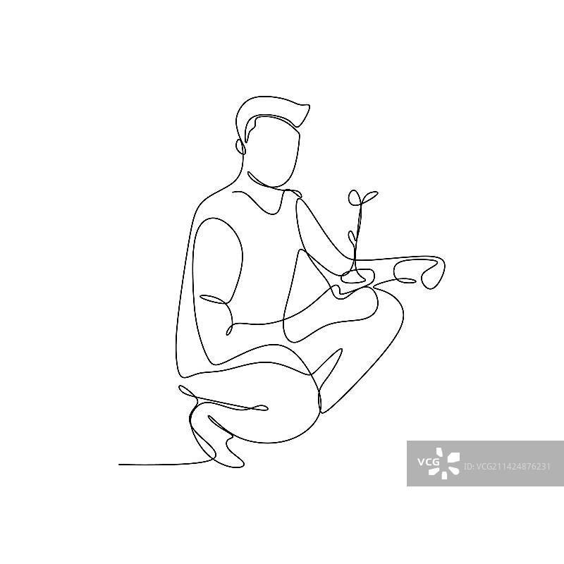 男人手持植物连续线条画图片素材